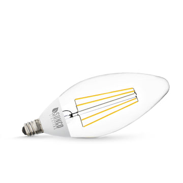 B11 Dusk to Dawn LED Bulb with Filament from Sunco Lighting seen her on its side includes a Candelabra E12 base for chandeliers, scones, wall lanterns, or pendant lamps. This outdoor light solution features a built in photocell sensor to automate the LED. It turns on the light at night and off again at dawn and is based on the detection of light levels. This bulb includes an LED filament in its glass housing for an added retro styling and vintage look.